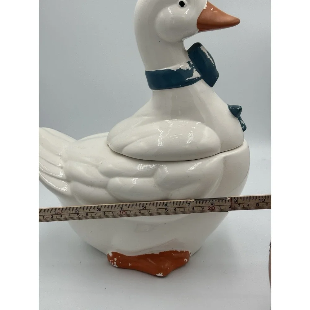 Ceramic Duck Cookie Jar with Blue Bow and Lid, Animal Kitchen Decor